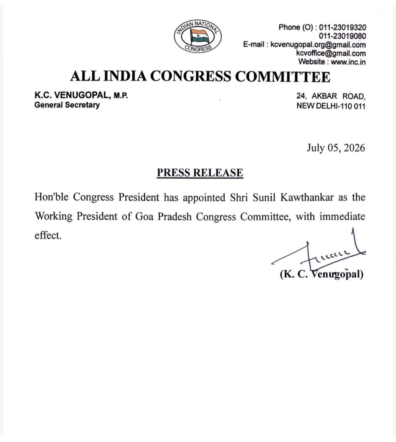 Sunil Kawthankar Appointed Working President of Goa Pradesh Congress Committee